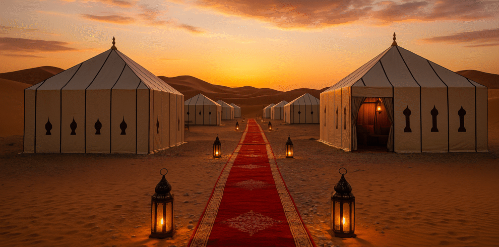 Alt: Campamento de lujo en el desierto de Merzouga con tiendas tradicionales, alfombra roja y faroles iluminados al atardecer en las dunas del Sahara.