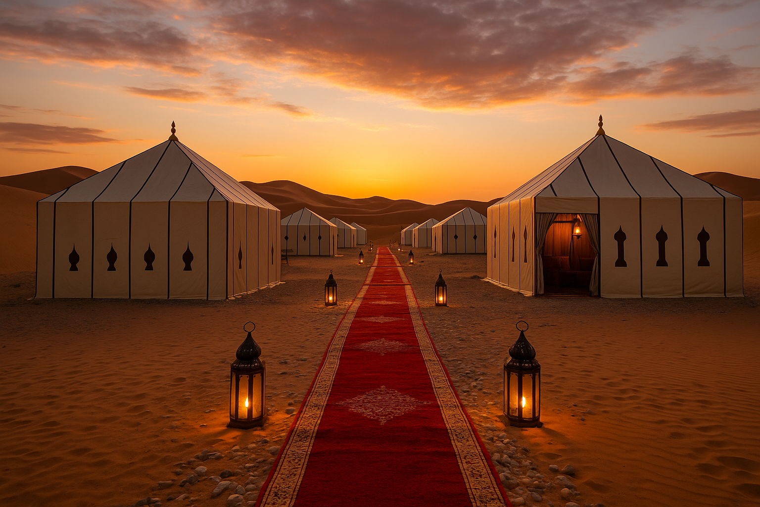 Alt: Campamento de lujo en el desierto de Merzouga con tiendas tradicionales, alfombra roja y faroles iluminados al atardecer en las dunas del Sahara.