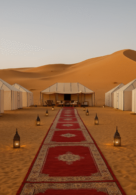 Luxury desert camp in Merzouga with traditional white tents, red carpet, and lanterns surrounded by golden Sahara dunes at sunset.