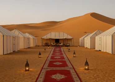 Luxury desert camp in Merzouga with traditional white tents, red carpet, and lanterns surrounded by golden Sahara dunes at sunset.