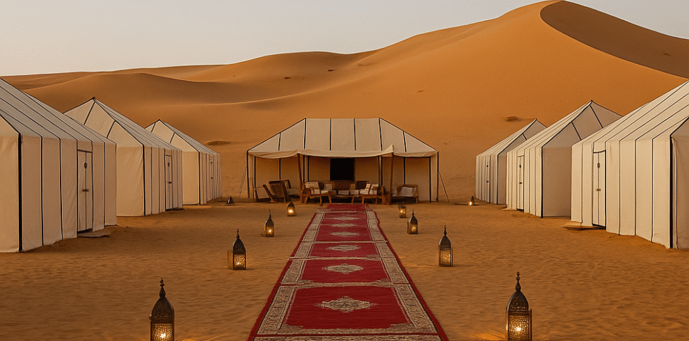Luxury desert camp in Merzouga with traditional white tents, red carpet, and lanterns surrounded by golden Sahara dunes at sunset.
