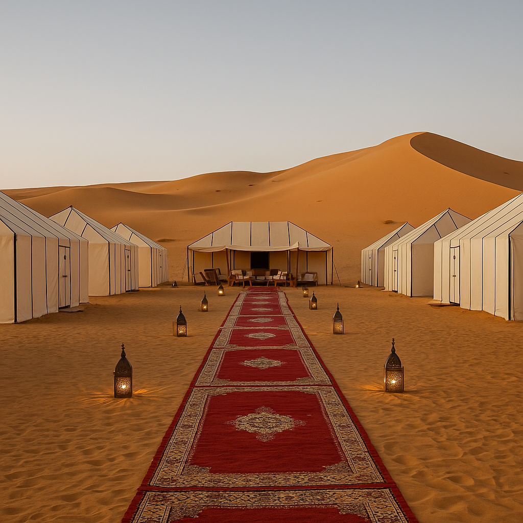 Luxury desert camp in Merzouga with traditional white tents, red carpet, and lanterns surrounded by golden Sahara dunes at sunset.