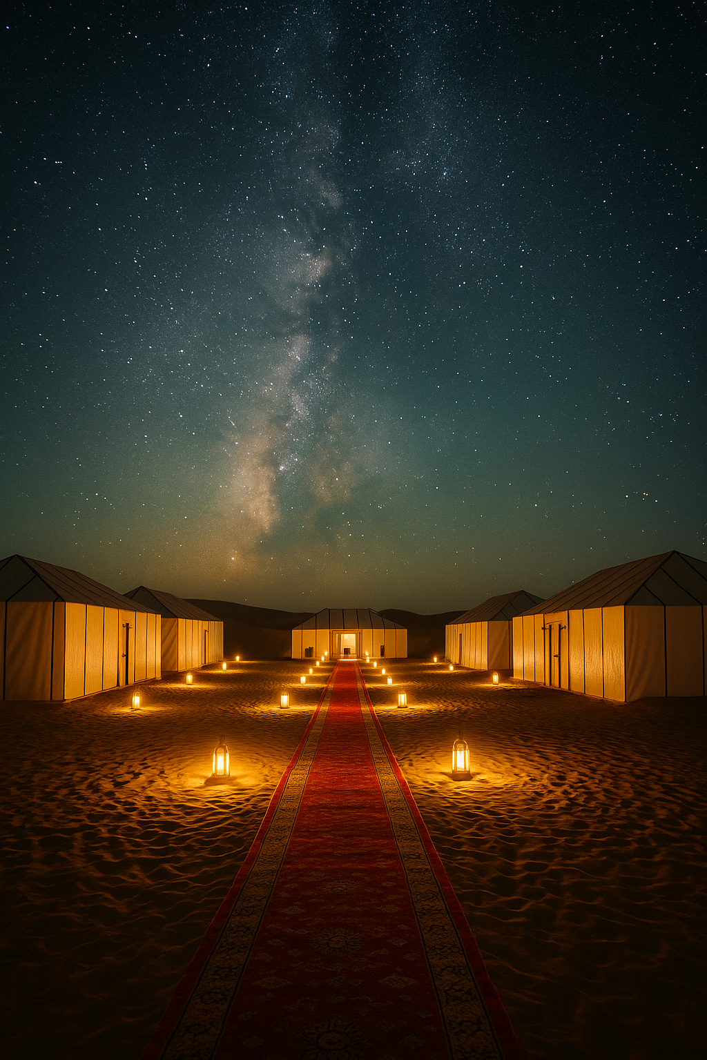 Royal Luxury Camp en el desierto de Erg Chebbi iluminado con faroles y cielo nocturno estrellado