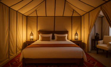 Campamento de lujo en Merzouga con jaimas iluminadas, alfombra roja y cielo estrellado del Sahara