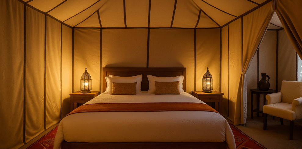 Campamento de lujo en Merzouga con jaimas iluminadas, alfombra roja y cielo estrellado del Sahara