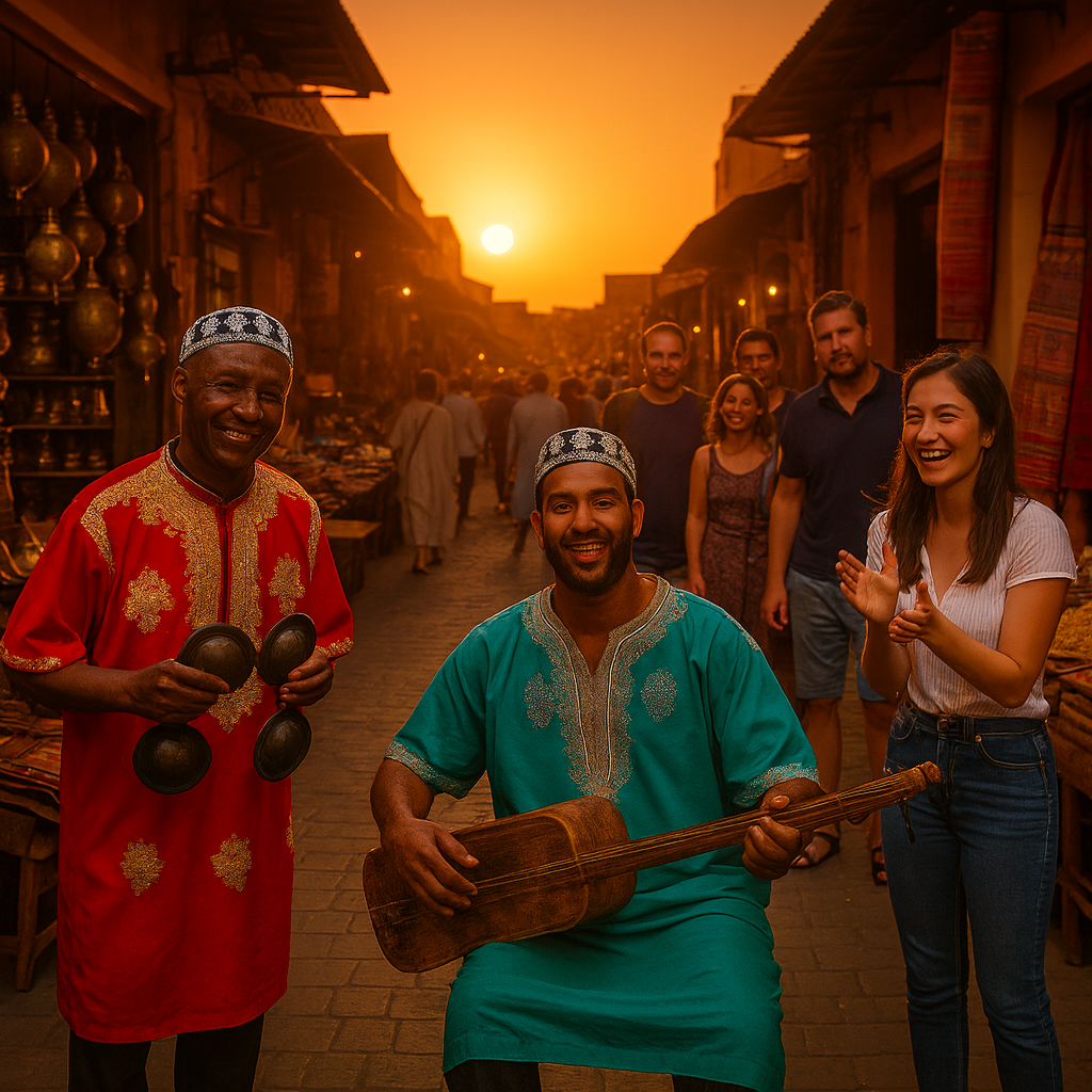 Zoco de Marrakech al atardecer con músicos Gnawa tocando en la calle y puestos tradicionales al fondo