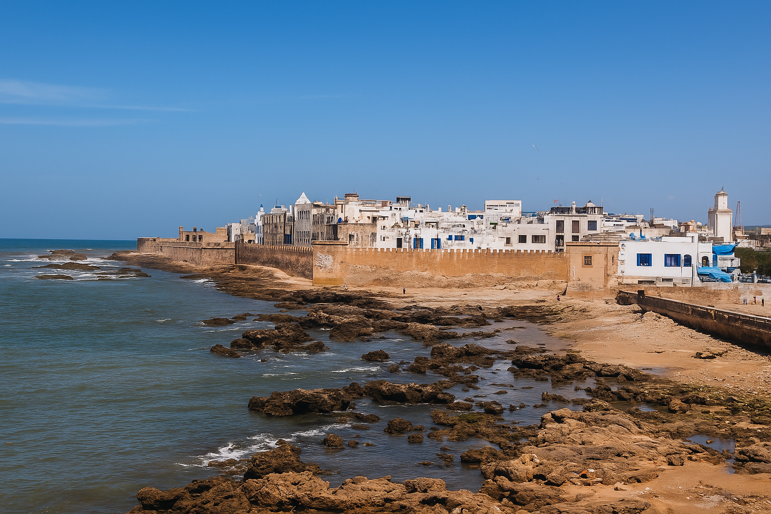 “Vista panorámica de Essaouira con las murallas históricas y el océano Atlántico”