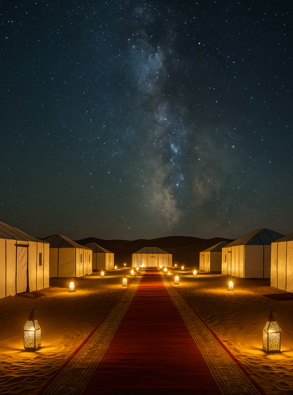 Campamento de lujo en el desierto de Merzouga iluminado con faroles bajo un cielo estrellado del Sahara
