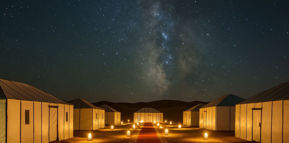 Campamento de lujo en el desierto de Merzouga iluminado con faroles bajo un cielo estrellado del Sahara