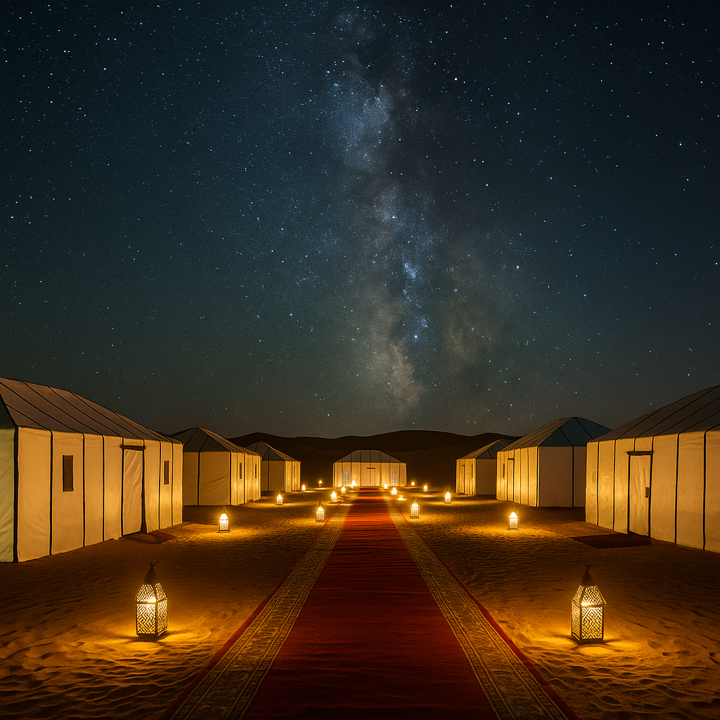 Campamento de lujo en el desierto de Merzouga iluminado con faroles bajo un cielo estrellado del Sahara