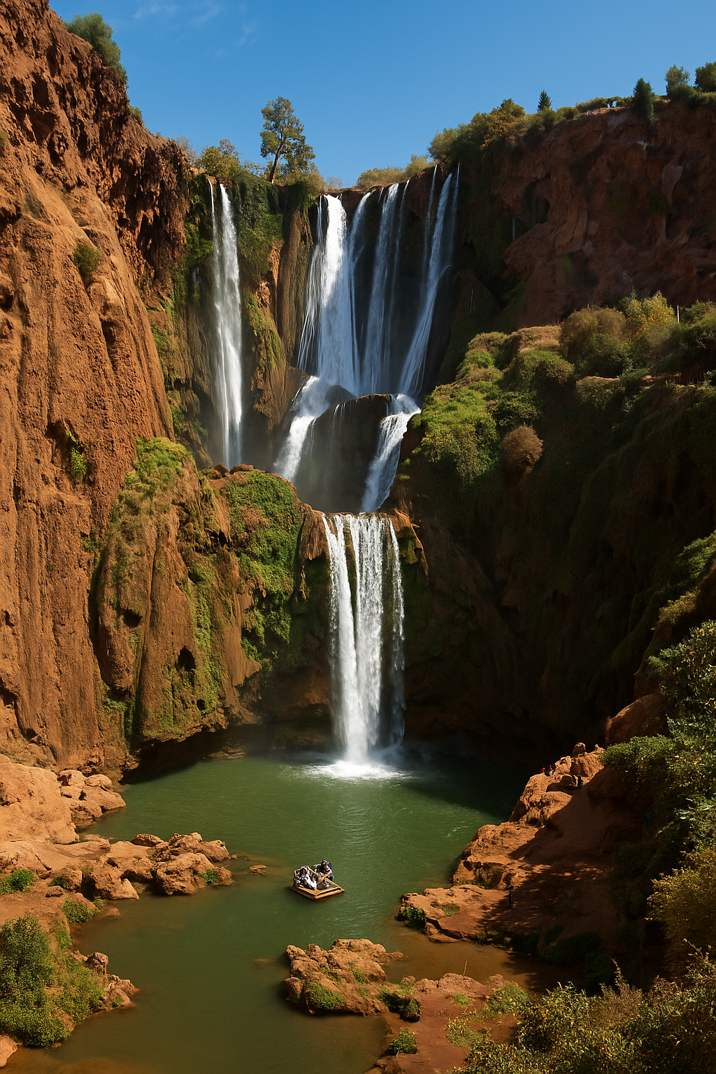 Cascadas de Ouzoud en Marruecos, con agua cayendo entre acantilados rodeados de vegetación