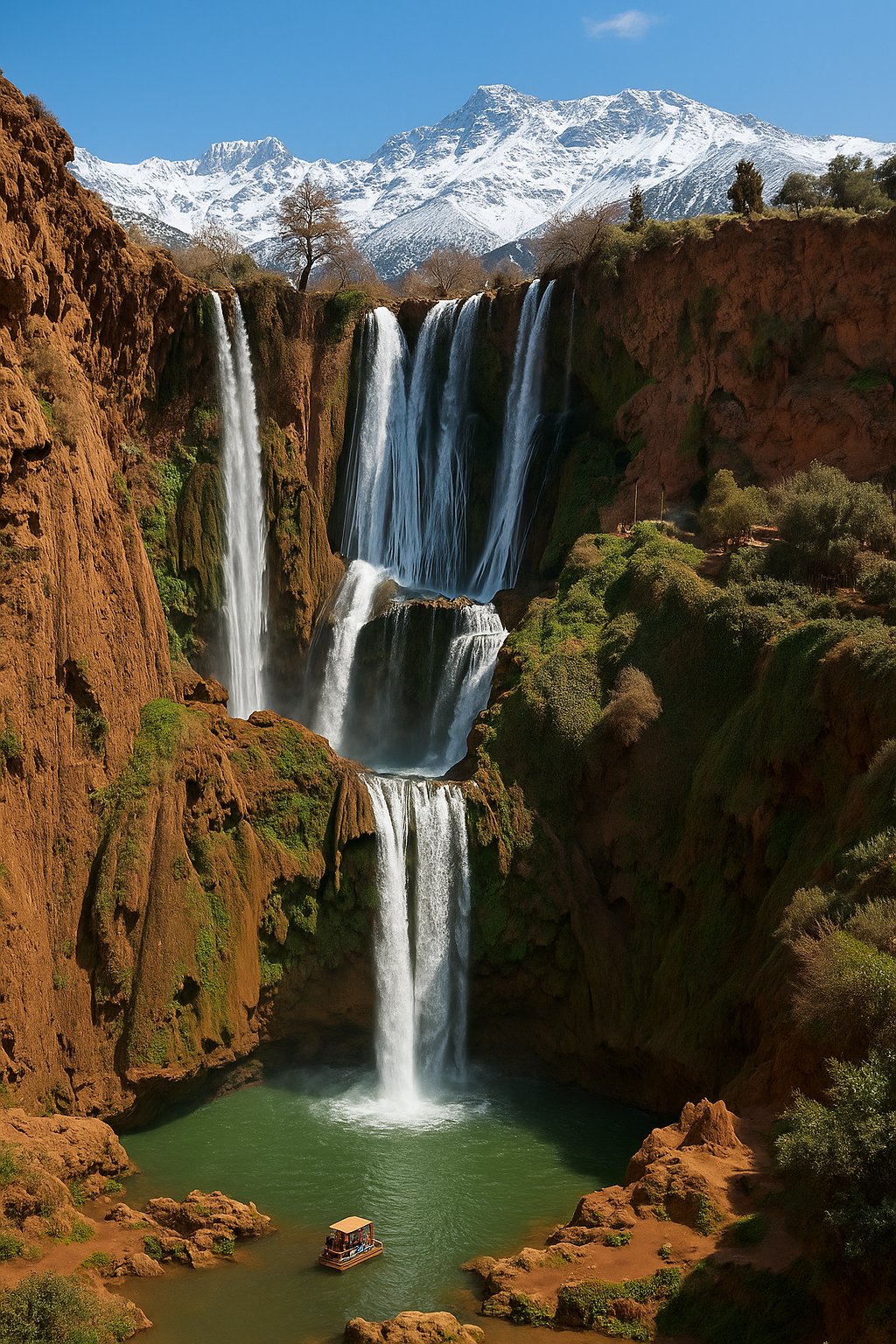 Cascadas de Ouzoud en Marruecos con montañas nevadas al fondo durante el invierno
