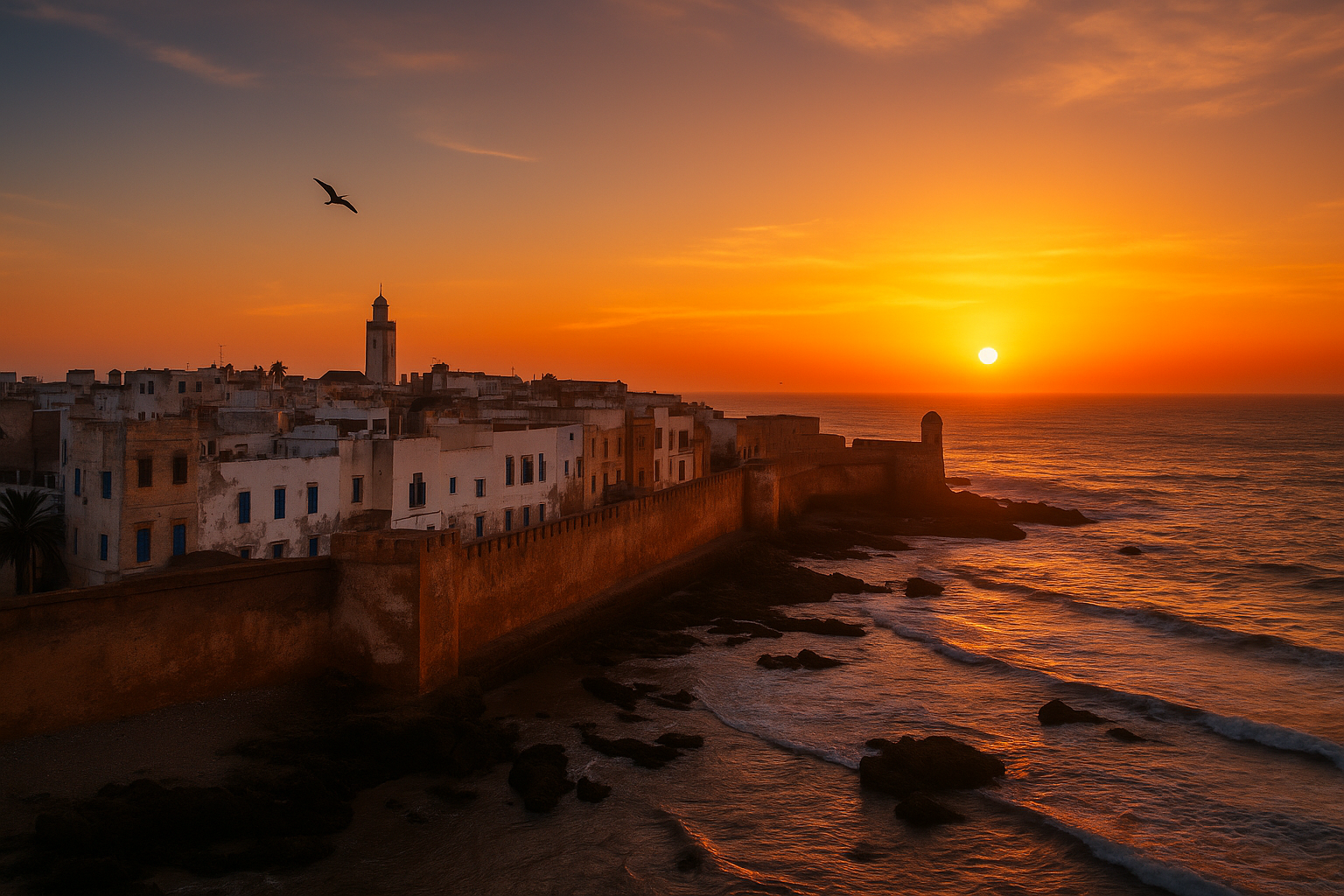 “Essaouira al atardecer con las murallas históricas y el océano Atlántico iluminados por el sol”