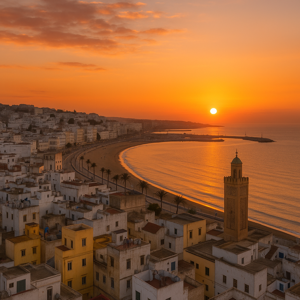 Ciudad de Tánger al atardecer con el sol sobre el océano, la medina y el minarete iluminados en tonos dorados