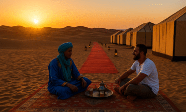 Campamento de lujo en el desierto de Erg Chigaga al atardecer, con jaimas alineadas, alfombra roja y té servido por un nómada