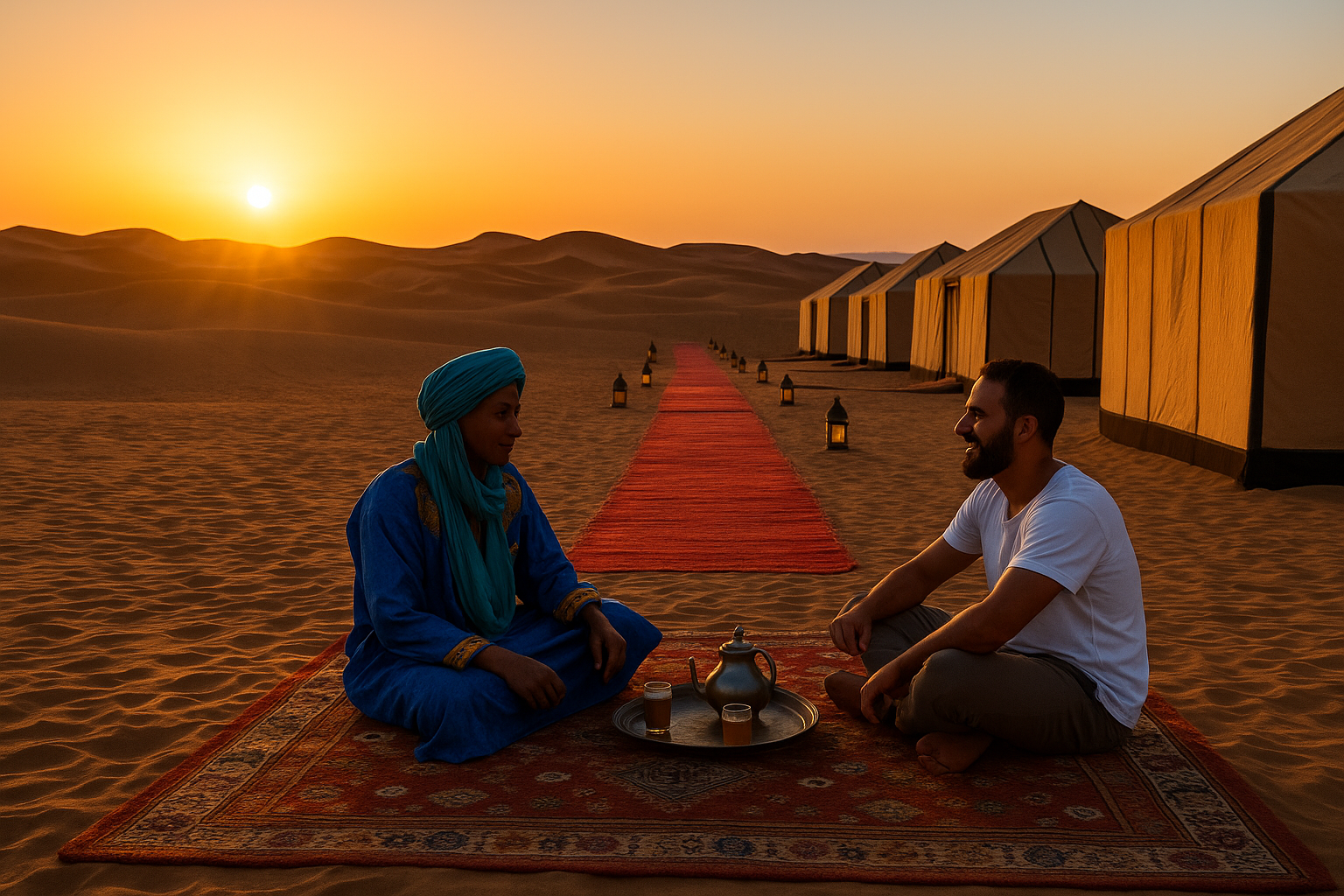 Campamento de lujo en el desierto de Erg Chigaga al atardecer, con jaimas alineadas, alfombra roja y té servido por un nómada