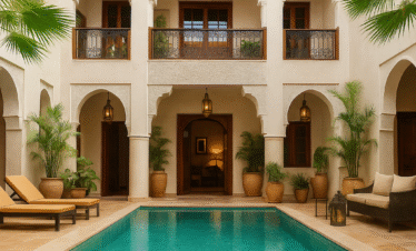 Patio interior de un riad de lujo en Marrakech con piscina central, palmeras, mosaicos tradicionales y lámparas árabes colgantes.