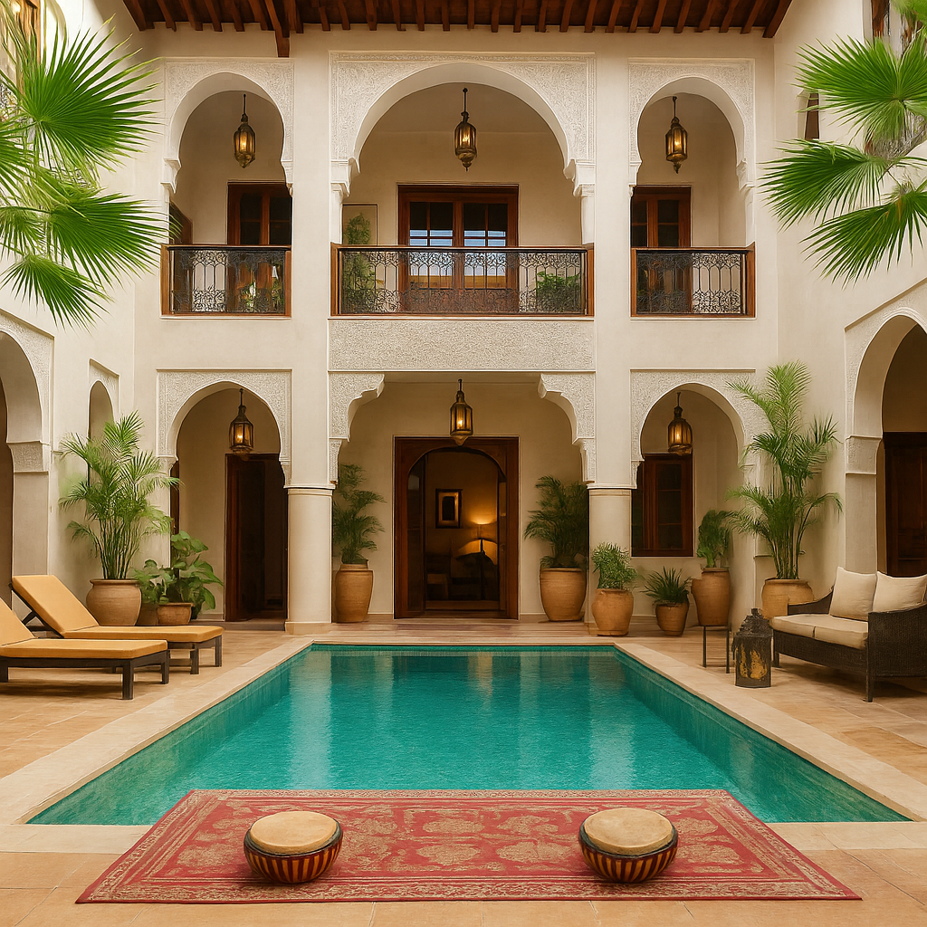 Patio interior de un riad de lujo en Marrakech con piscina central, palmeras, mosaicos tradicionales y lámparas árabes colgantes.