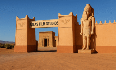 Entrada a los Atlas Film Studios en Ouarzazate, Marruecos, con esculturas egipcias y decorados de cine