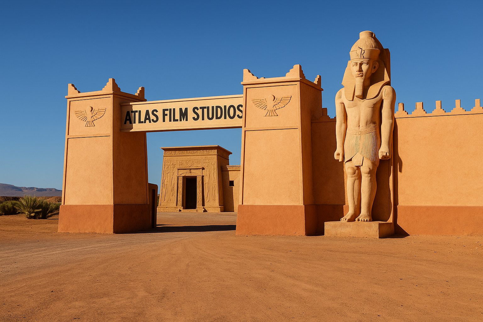 Entrada a los Atlas Film Studios en Ouarzazate, Marruecos, con esculturas egipcias y decorados de cine