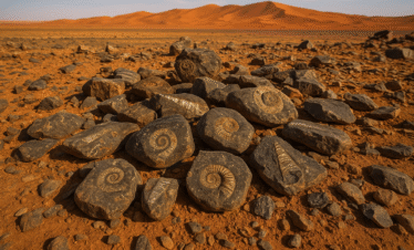 Rocas con fósiles marinos en el desierto de Merzouga, Marruecos, con dunas de arena al fondo