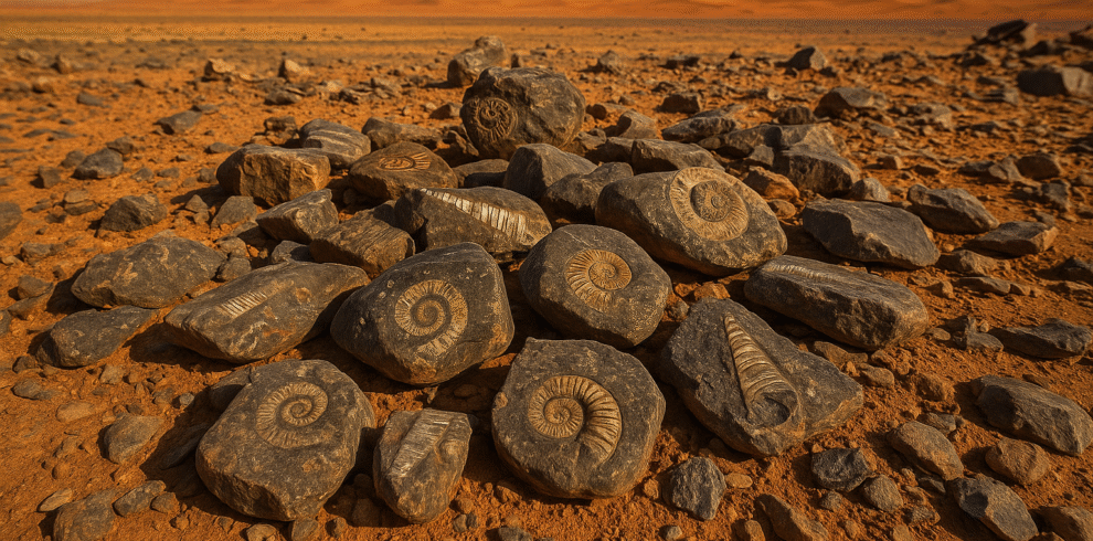 Rocas con fósiles marinos en el desierto de Merzouga, Marruecos, con dunas de arena al fondo