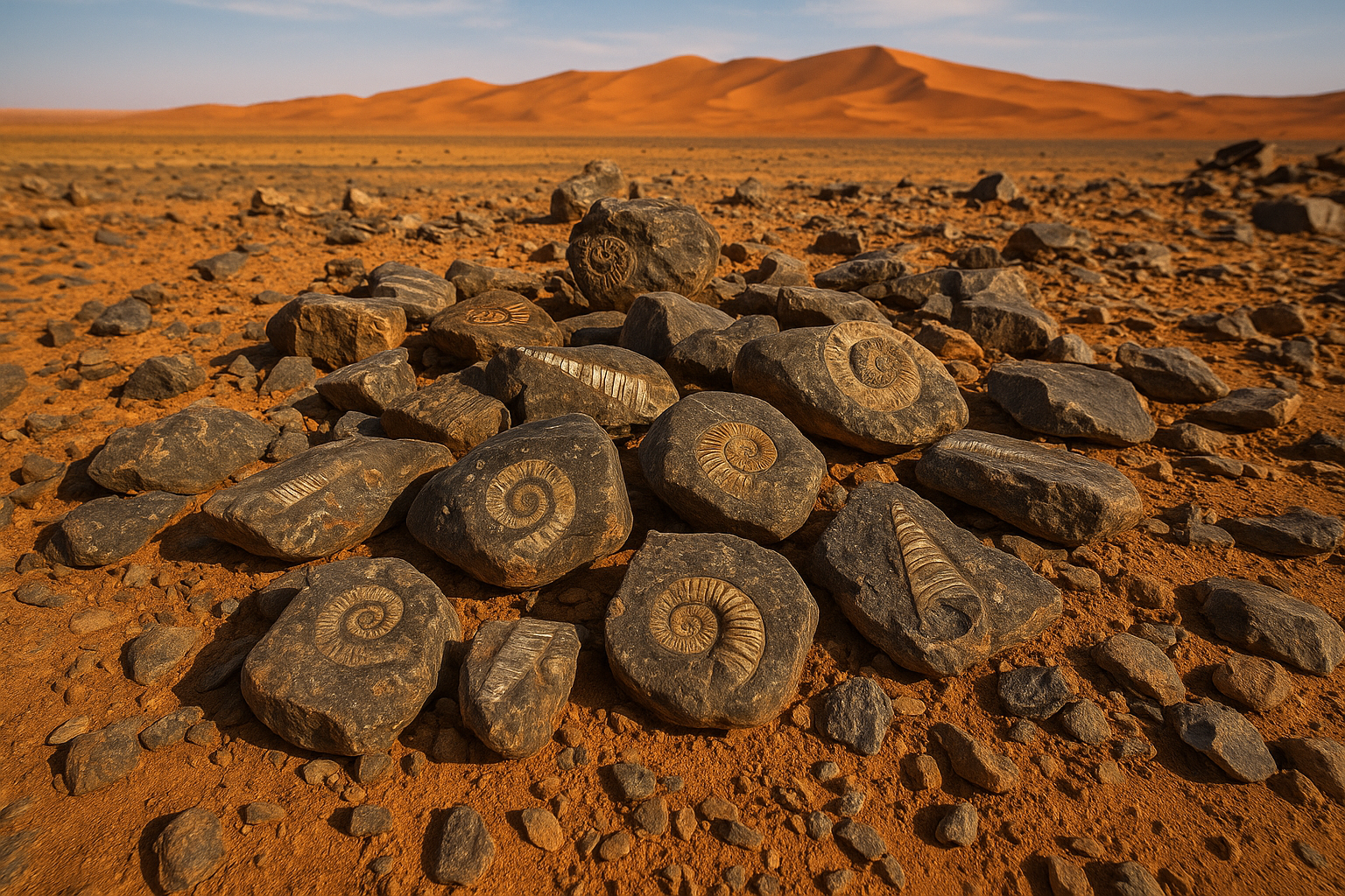 Rocas con fósiles marinos en el desierto de Merzouga, Marruecos, con dunas de arena al fondo