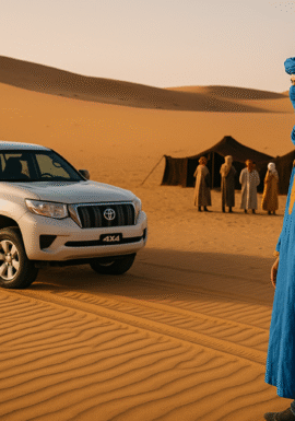Alt: Tour en 4x4 en el desierto de Merzouga con nómadas bereberes y jaimas tradicionales entre las dunas del Sahara.