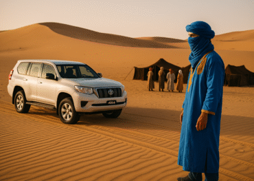 Alt: Tour en 4x4 en el desierto de Merzouga con nómadas bereberes y jaimas tradicionales entre las dunas del Sahara.