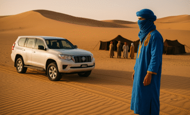 Alt: Tour en 4x4 en el desierto de Merzouga con nómadas bereberes y jaimas tradicionales entre las dunas del Sahara.