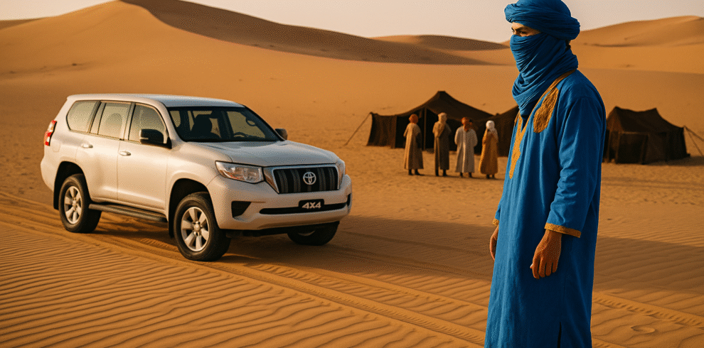 Alt: Tour en 4x4 en el desierto de Merzouga con nómadas bereberes y jaimas tradicionales entre las dunas del Sahara.