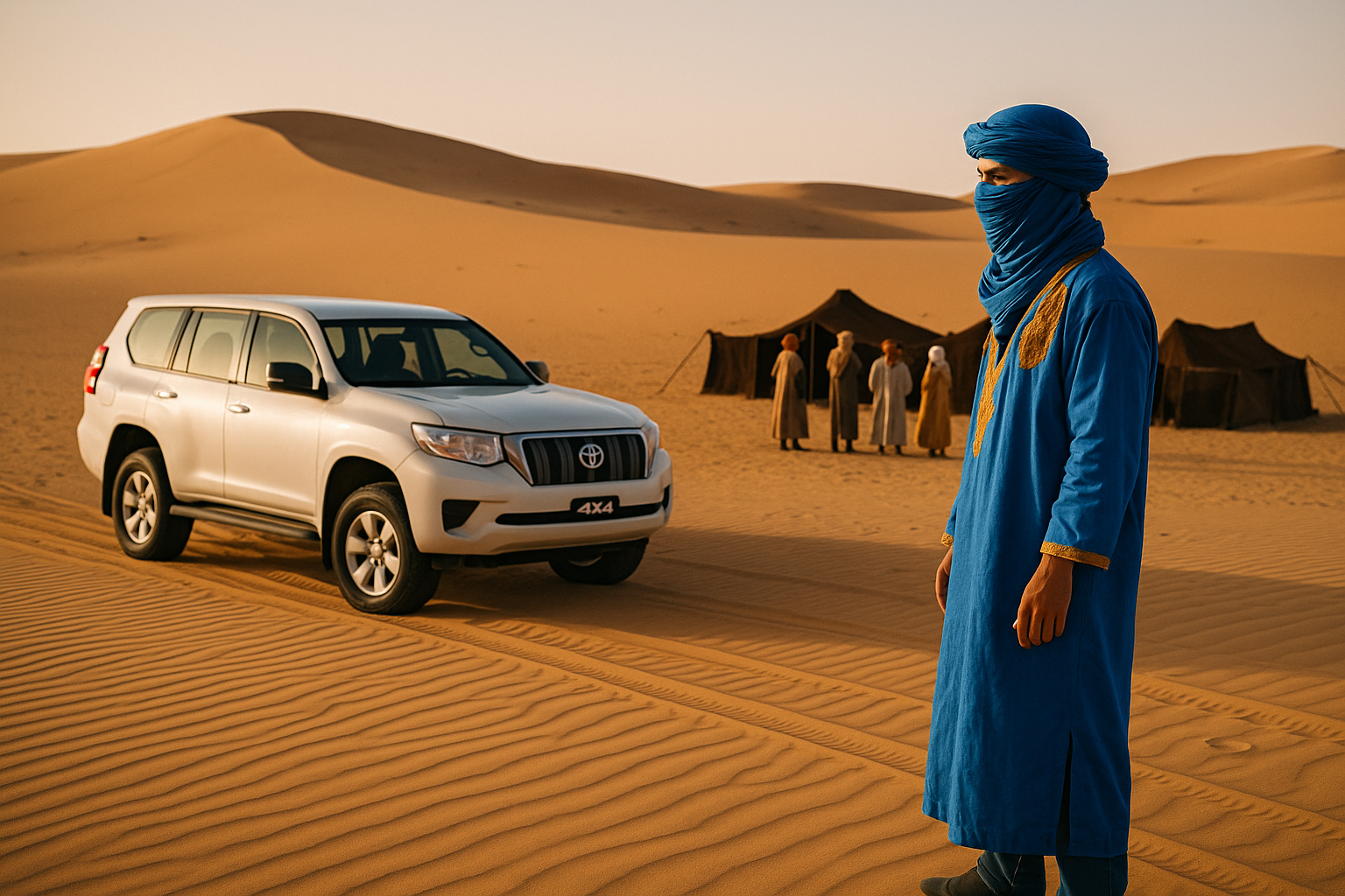 Alt: Tour en 4x4 en el desierto de Merzouga con nómadas bereberes y jaimas tradicionales entre las dunas del Sahara.