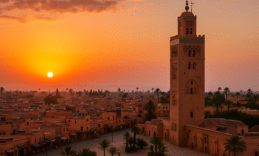 Marrakech al atardecer con la Mezquita Koutoubia y su minarete iluminado por el sol