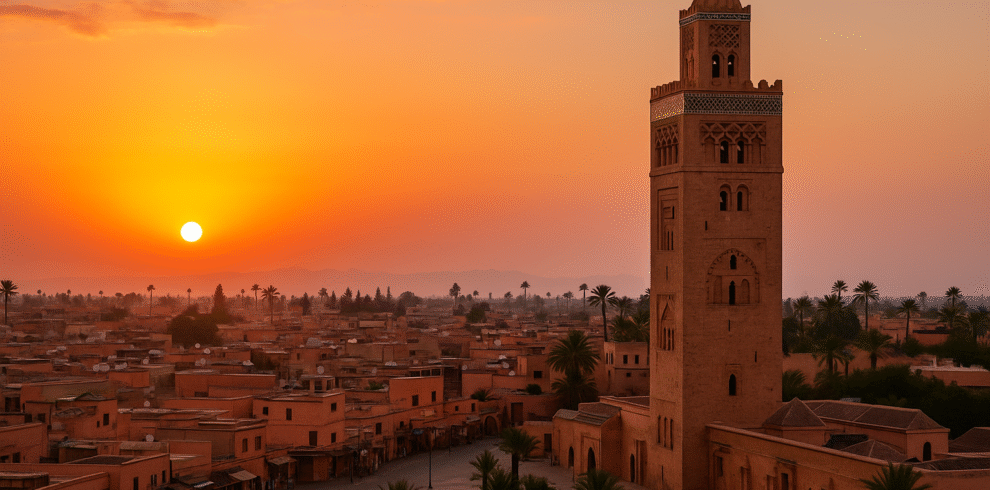 Marrakech al atardecer con la Mezquita Koutoubia y su minarete iluminado por el sol