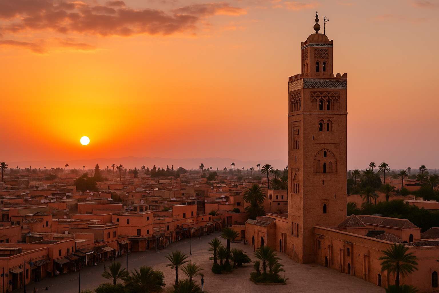 Marrakech al atardecer con la Mezquita Koutoubia y su minarete iluminado por el sol