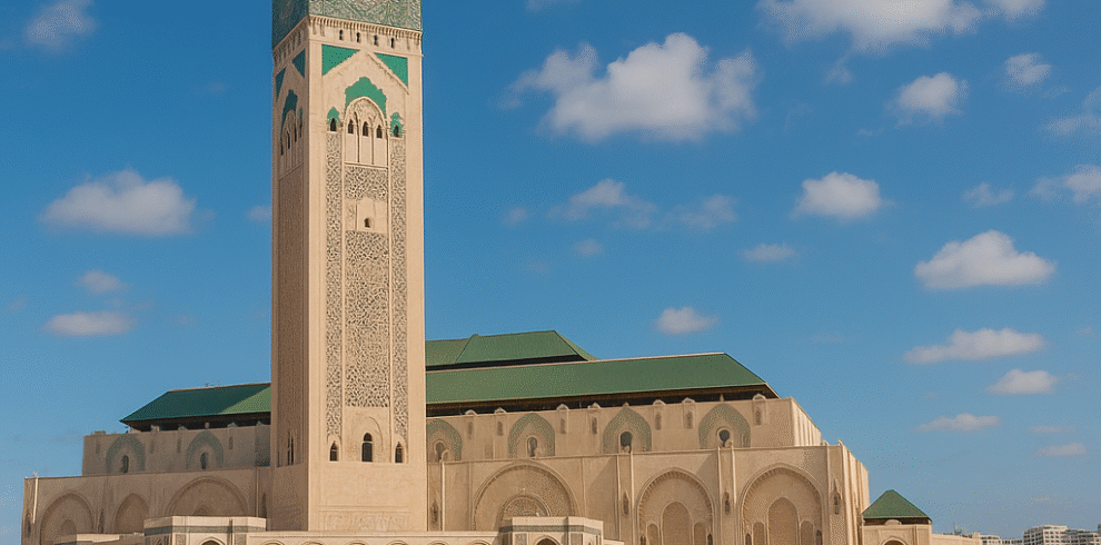 Mezquita Hassan II en Casablanca, Marruecos, con su minarete frente al océano Atlántico