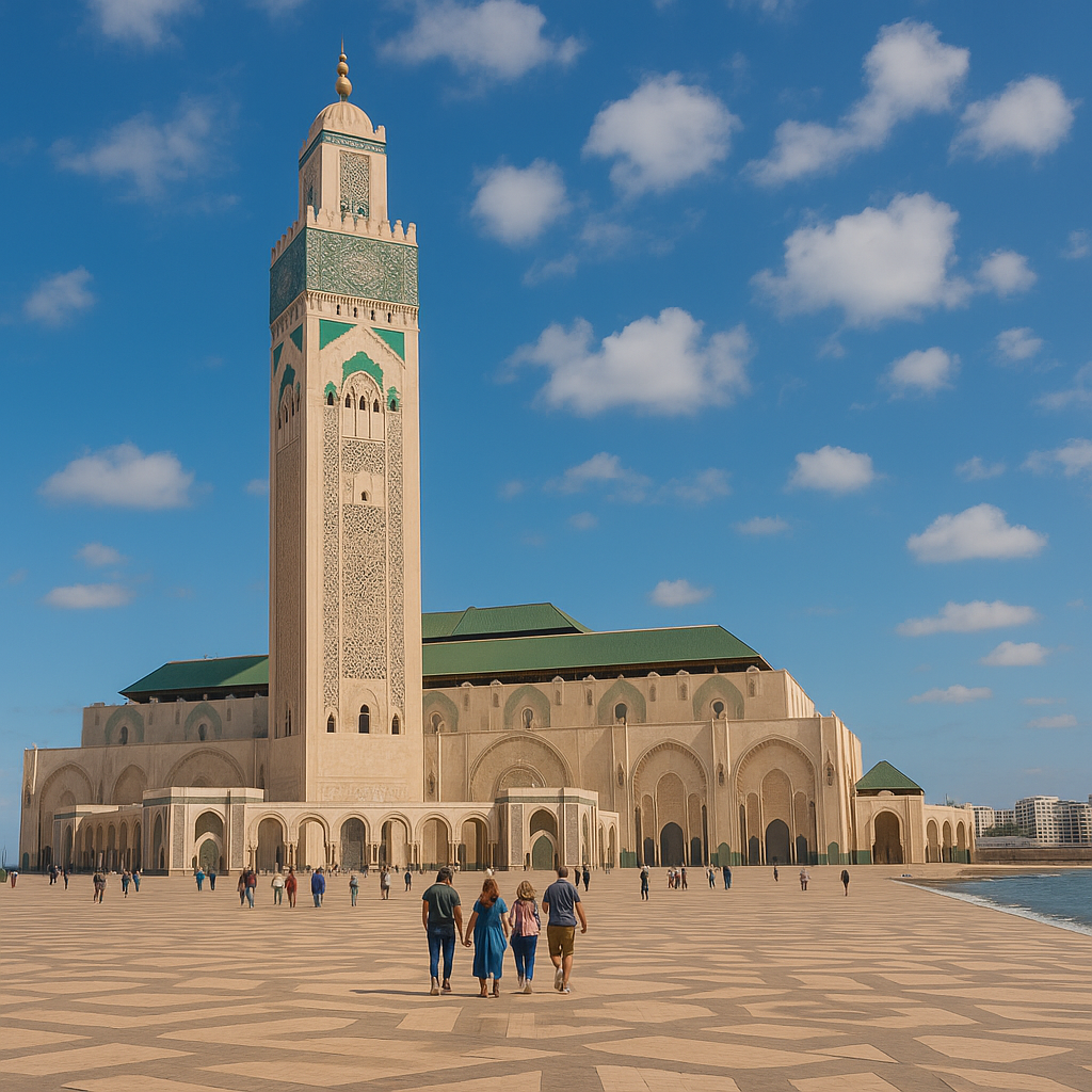 Mezquita Hassan II en Casablanca, Marruecos, con su minarete frente al océano Atlántico