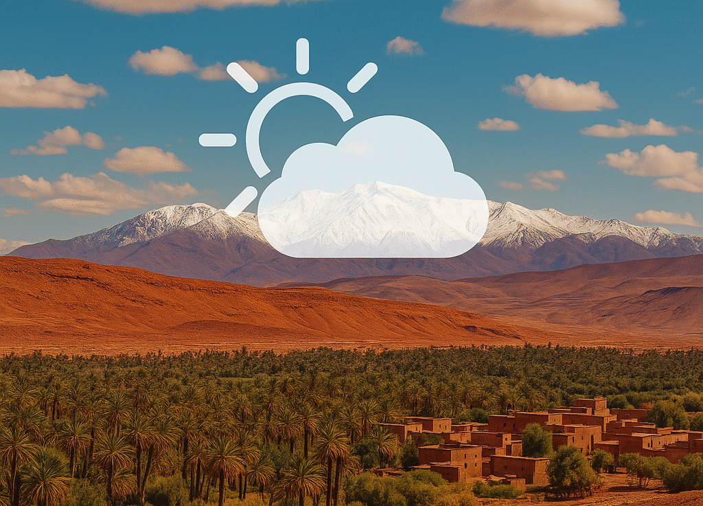 Paisaje de Marruecos mostrando el clima diverso: montañas del Atlas con nieve, dunas del Sahara y costa atlántica ¿Cuándo viajar a Marruecos?