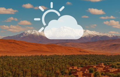 Paisaje de Marruecos mostrando el clima diverso: montañas del Atlas con nieve, dunas del Sahara y costa atlántica ¿Cuándo viajar a Marruecos?