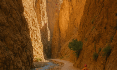 Sendero entre las impresionantes Gargantas del Todra en Marruecos con altas paredes rocosas y río