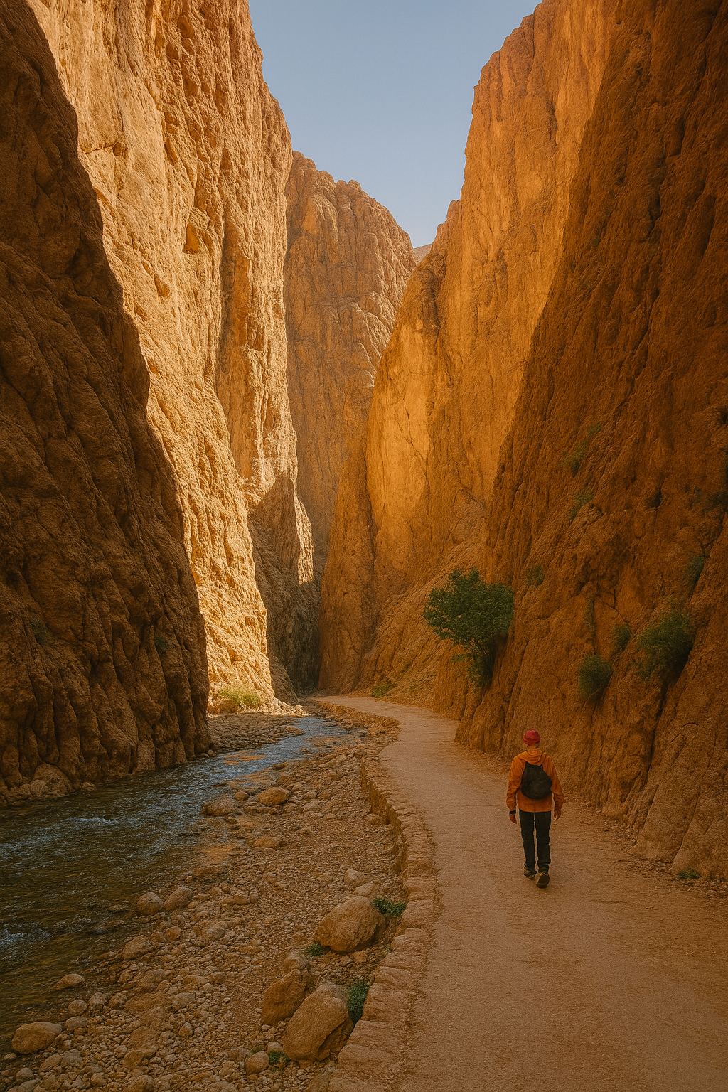 Sendero entre las impresionantes Gargantas del Todra en Marruecos con altas paredes rocosas y río