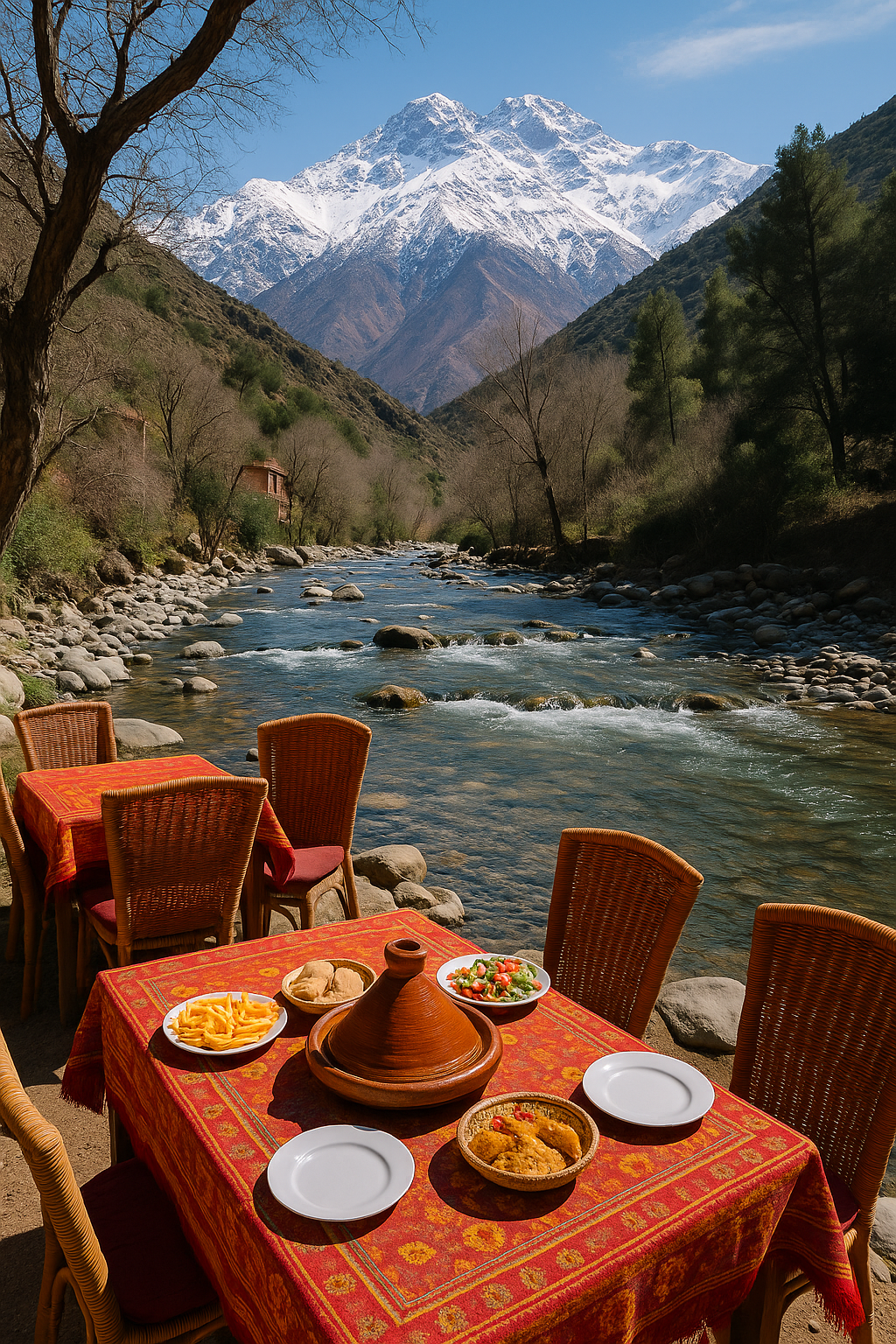 Valle de Ourika en Marruecos con río, aldeas bereberes y las montañas del Atlas cubiertas de nieve al fondo