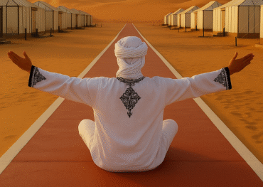 Alt text: Persona sentada en un campamento de lujo en Merzouga, con túnica blanca bordada y un turbante tradicional sahariano, brazos extendidos hacia las dunas.