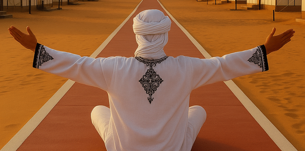 Alt text: Persona sentada en un campamento de lujo en Merzouga, con túnica blanca bordada y un turbante tradicional sahariano, brazos extendidos hacia las dunas.
