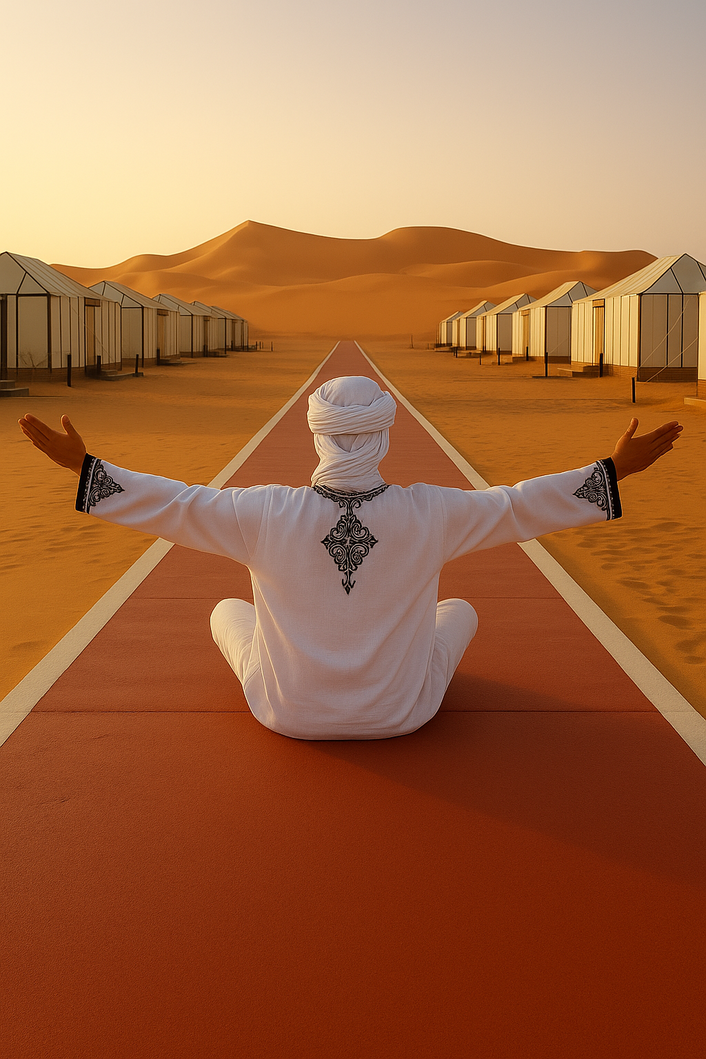 Alt text: Persona sentada en un campamento de lujo en Merzouga, con túnica blanca bordada y un turbante tradicional sahariano, brazos extendidos hacia las dunas.