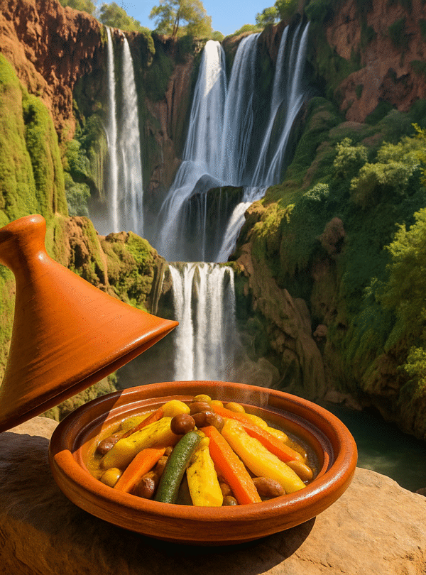 Plato tradicional marroquí de tajine servido frente a las Cascadas de Ouzoud