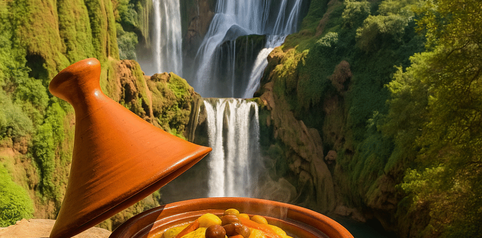 Plato tradicional marroquí de tajine servido frente a las Cascadas de Ouzoud