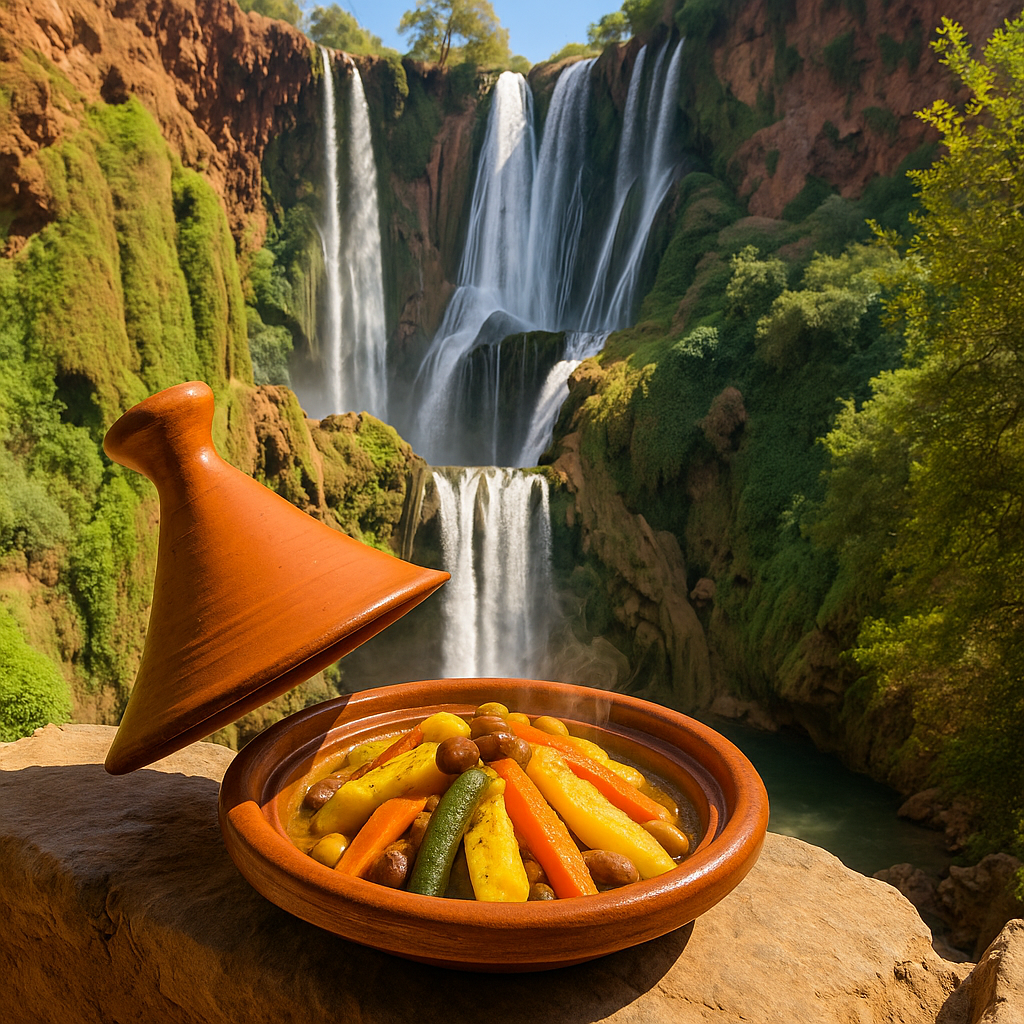 Plato tradicional marroquí de tajine servido frente a las Cascadas de Ouzoud