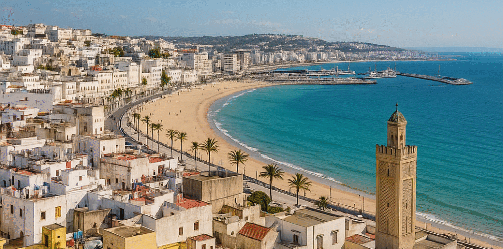 Vista panorámica de Tánger en Marruecos, con la medina blanca, el puerto y la playa bajo el cielo azu