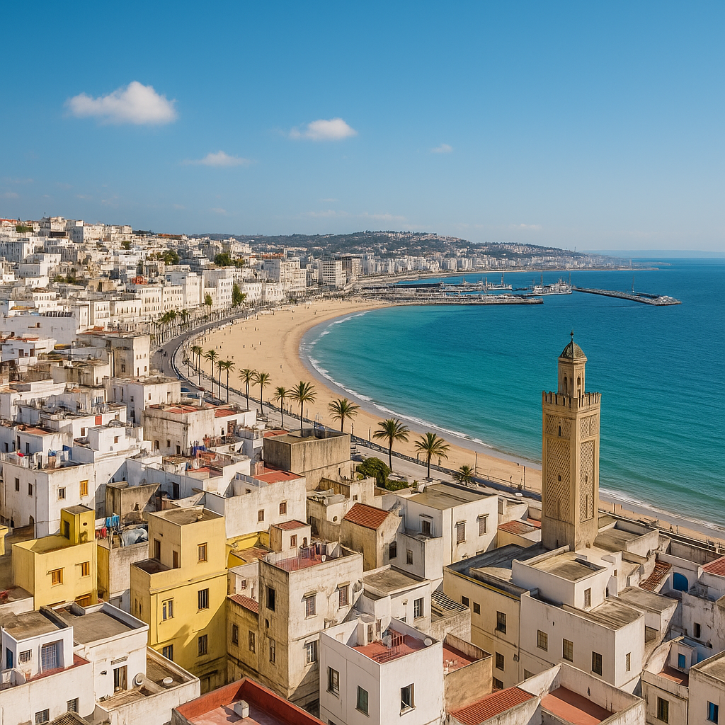Vista panorámica de Tánger en Marruecos, con la medina blanca, el puerto y la playa bajo el cielo azu